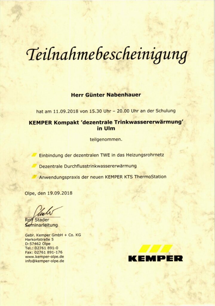 Teilnahmebestätigung Herr Günter Nabenhauer